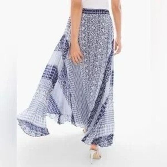 Chicos Pleated Accordian Geo Print Blue White Maxi Skirt Size 2 Large/12  290 - Picture 1 of 8